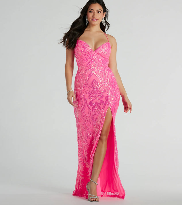 You'll be the best dressed in the Saige Formal Sequin Lace-Up Mermaid Dress as your summer formal dress with unique details from Windsor.