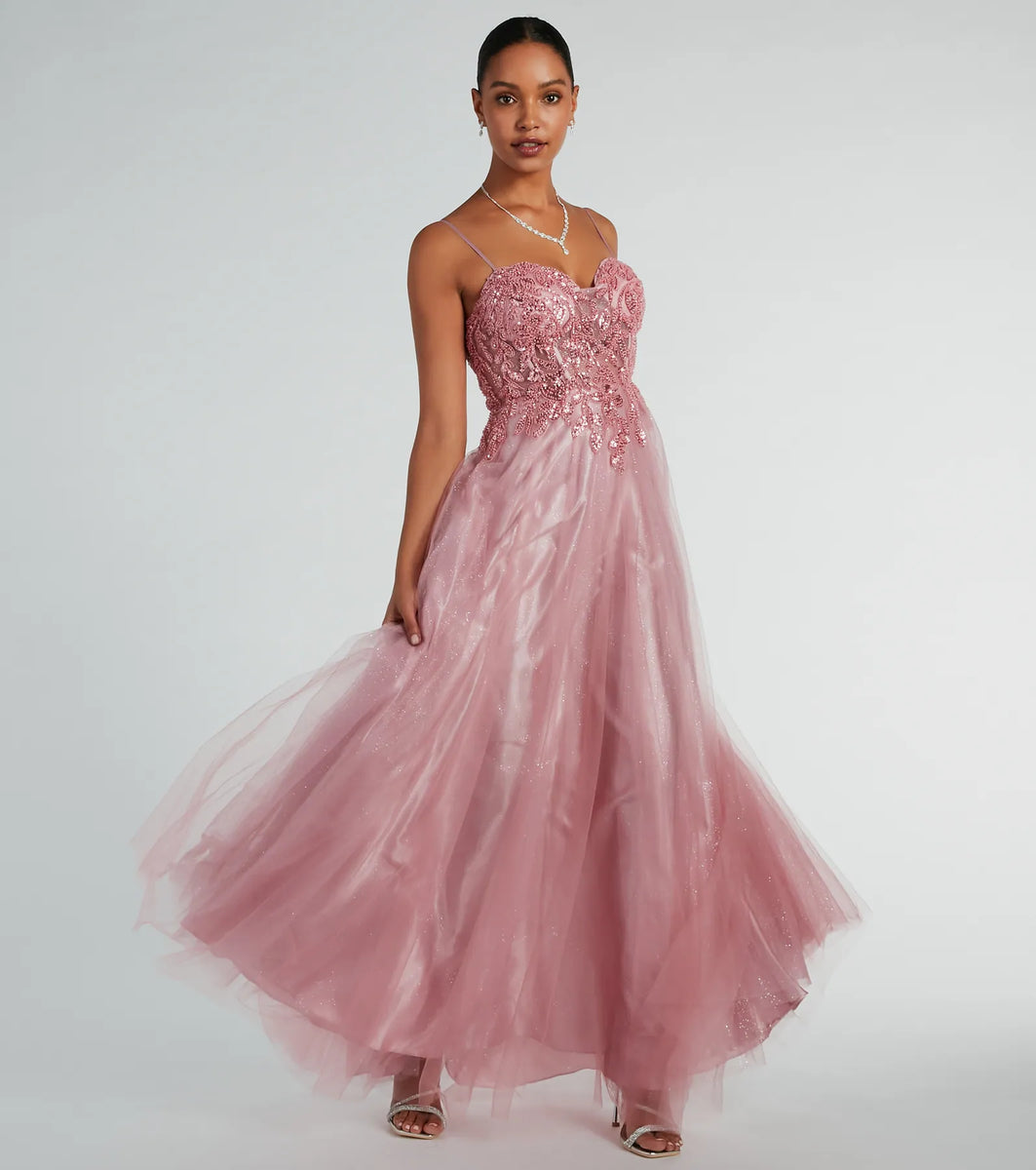Aila Sweetheart Beaded A-Line Glitter Formal Dress