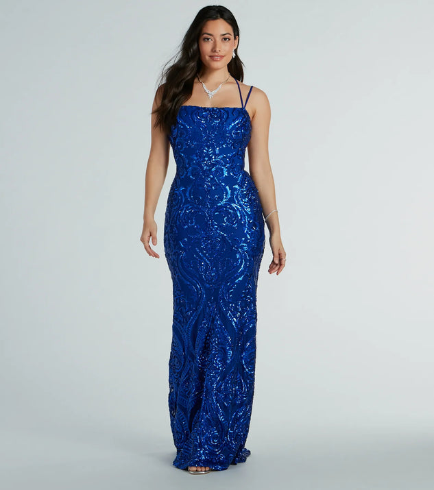 Delaney Lace-Up Mermaid Sequin Formal Dress is the perfect homecoming dress pick with on-trend details to make the 2024 dance your most memorable event yet!