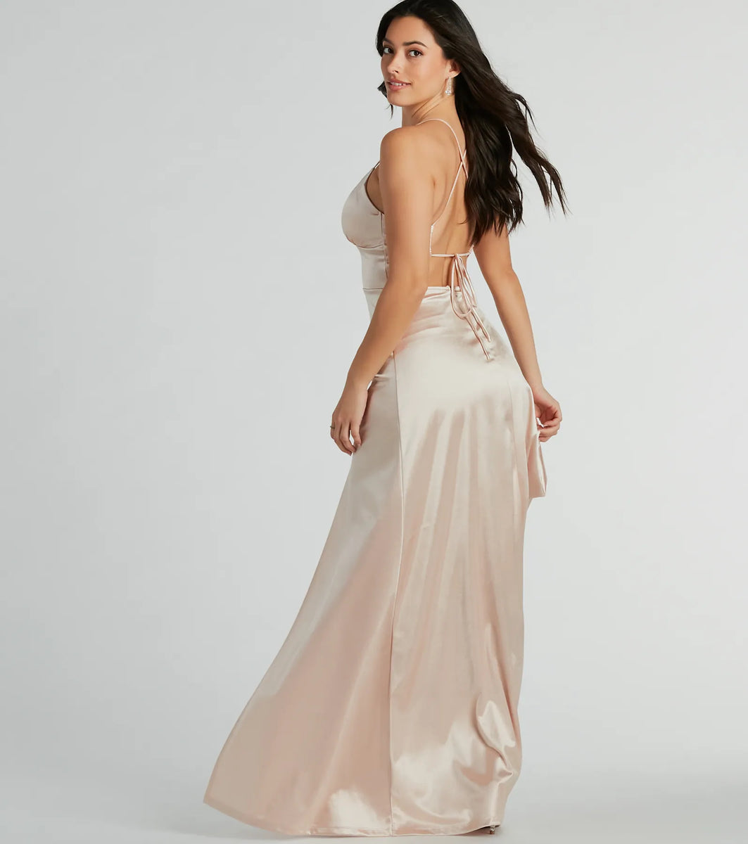 Laurel Lace-Up A-Line Slit Satin Formal Dress