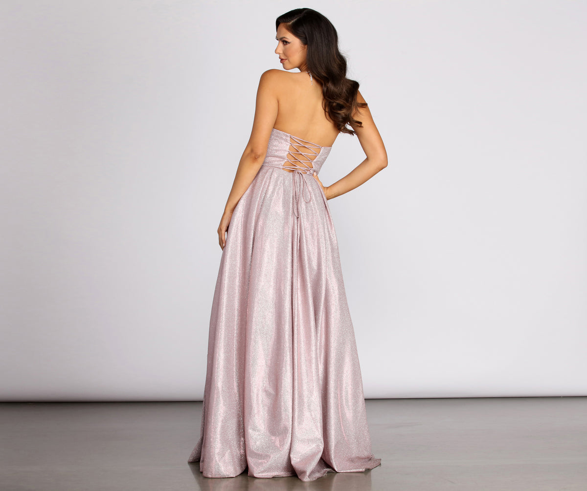 Stunning Strapless ball gown with glitter finish and lace up corset ba –  Rose Hill Boutique