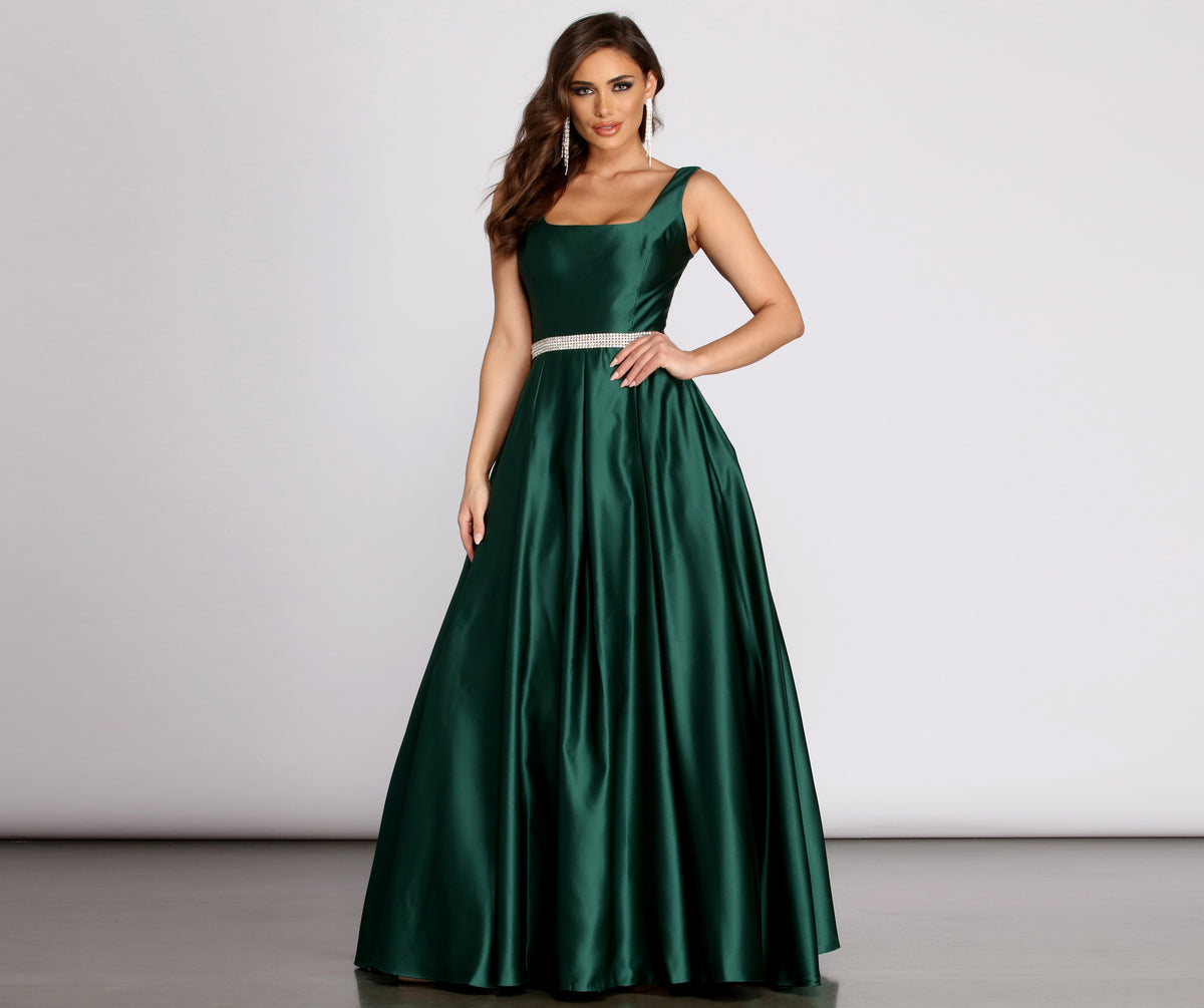 Yenni Satin Rhinestone Trim Ball Gown & Windsor