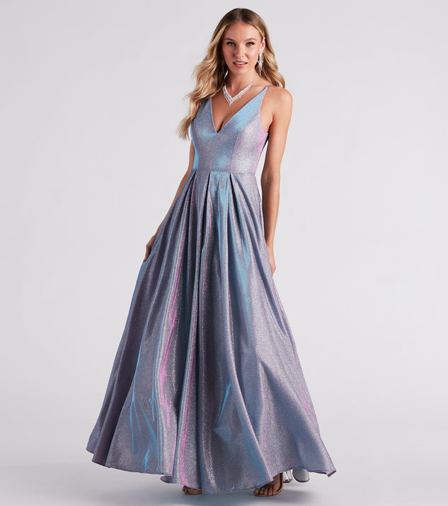 Delaney Iridescent Glitter Woven Ball Gown is a gorgeous pick as your 2023 prom dress or formal gown for wedding guest, spring bridesmaid, or army ball attire!