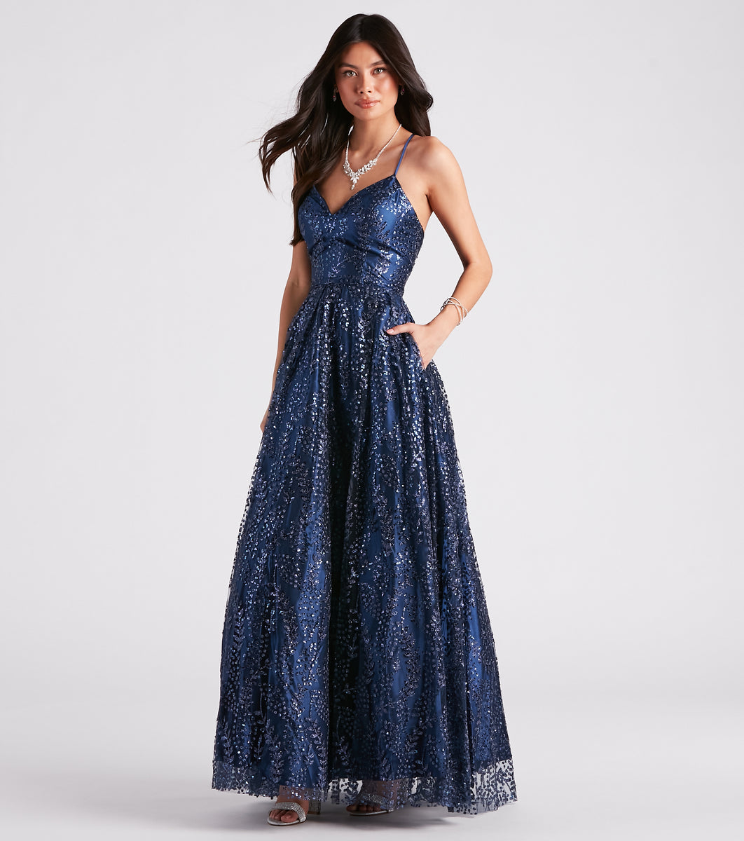 Arleth Glitter Mesh Lace-Up Ball Gown