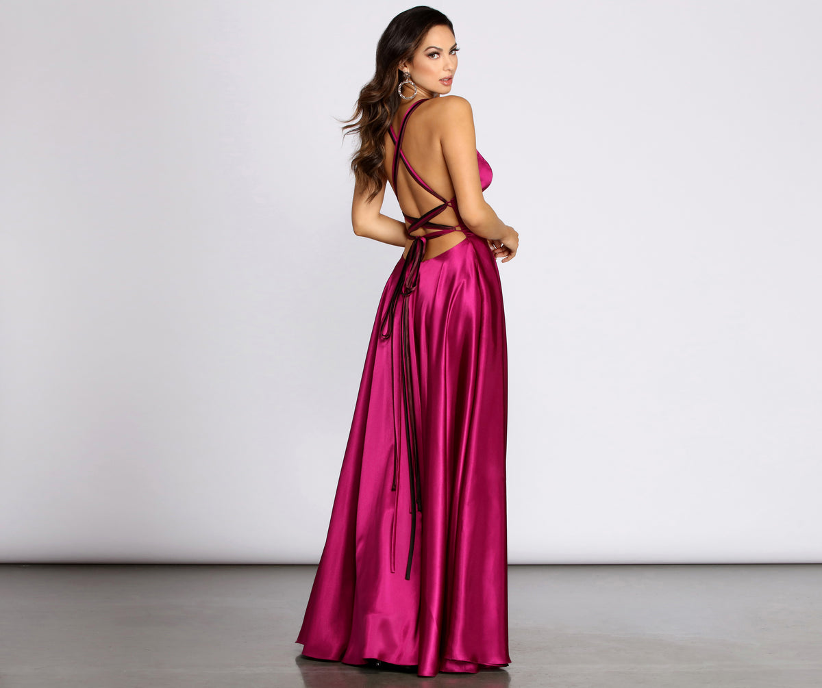 Lyric Cross & Lace Up Back Satin Dress