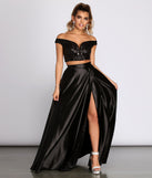 The Estella Sequin Off Shoulder Two Piece Satin Dress is a gorgeous pick as your 2023 prom dress or formal gown for wedding guest, spring bridesmaid, or army ball attire!