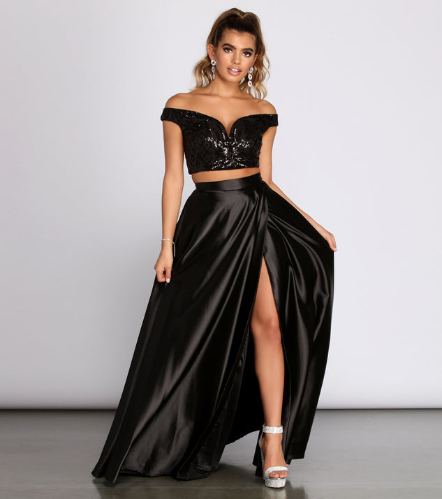 The Estella Sequin Off Shoulder Two Piece Satin Dress is a gorgeous pick as your 2023 prom dress or formal gown for wedding guest, spring bridesmaid, or army ball attire!