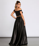 The Estella Sequin Off Shoulder Two Piece Satin Dress is a gorgeous pick as your 2023 prom dress or formal gown for wedding guest, spring bridesmaid, or army ball attire!