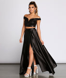 The Estella Sequin Off Shoulder Two Piece Satin Dress is a gorgeous pick as your 2023 prom dress or formal gown for wedding guest, spring bridesmaid, or army ball attire!