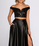 The Estella Sequin Off Shoulder Two Piece Satin Dress is a gorgeous pick as your 2023 prom dress or formal gown for wedding guest, spring bridesmaid, or army ball attire!