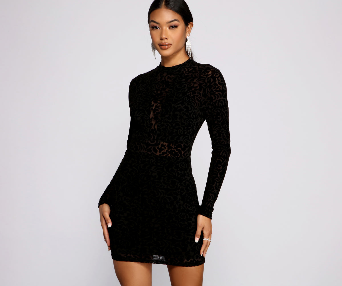 Sultry And Stylish Flocked Mesh Mini Dress & Windsor