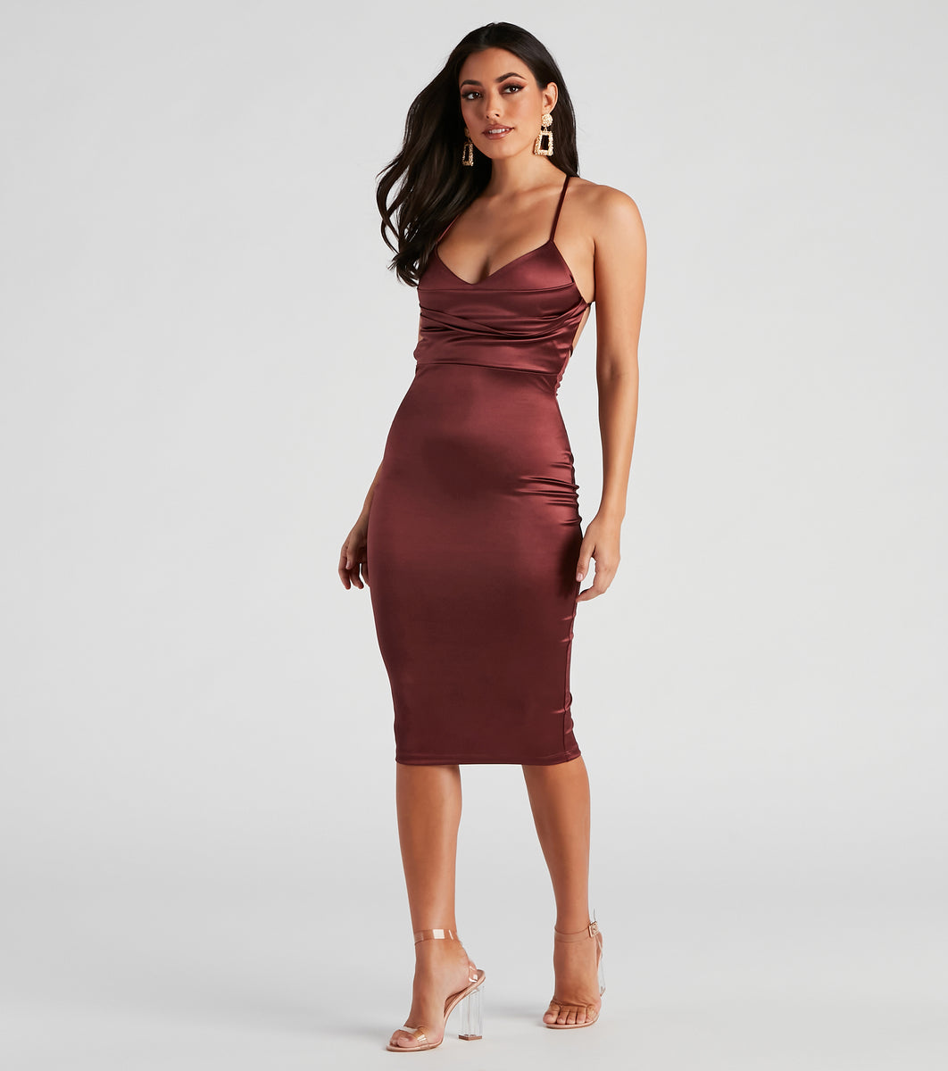 Love Debut Satin Pleat Midi Dress