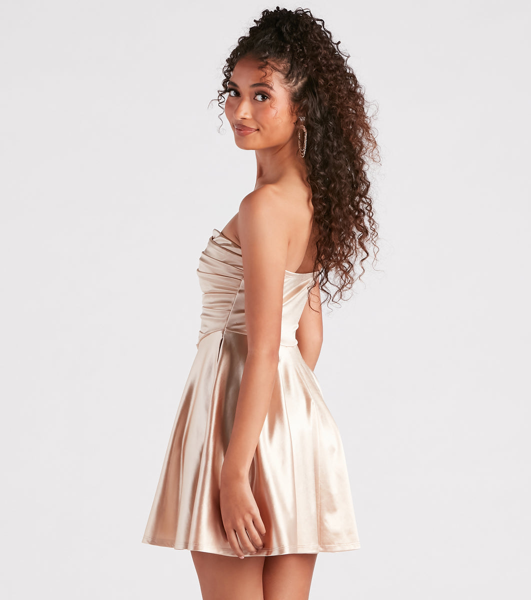 Totally Smitten Satin Strapless Skater Dress