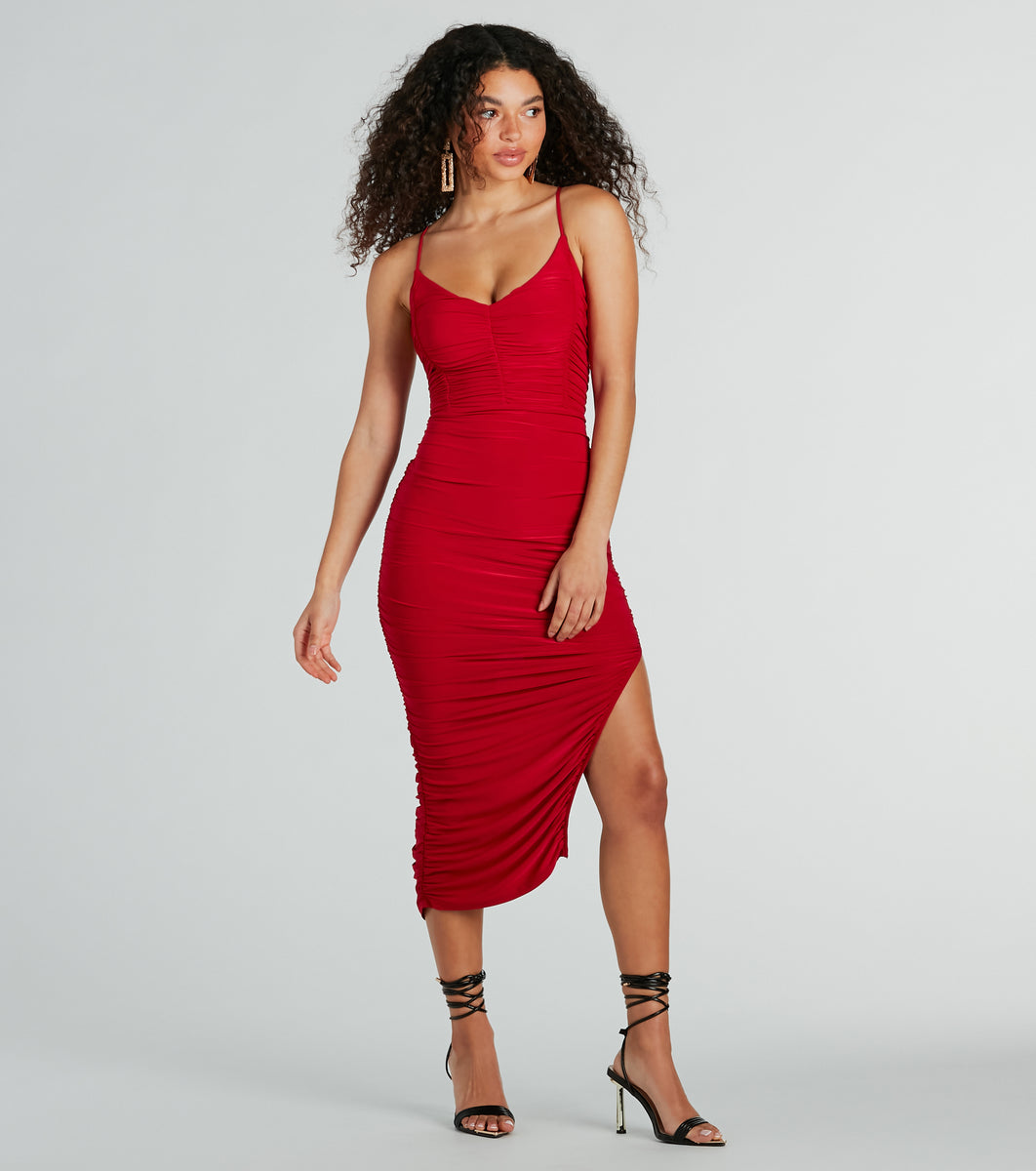 Sultry Status High Slit Ruched Bodycon Midi Dress