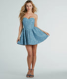 Essential for vacations or summer days, the So Flirty Strapless Sequin Glitter Denim Skater Dress is a sundress or milkmaid dress with sleek and flirty details.