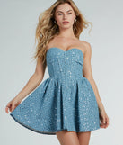 Essential for vacations or summer days, the So Flirty Strapless Sequin Glitter Denim Skater Dress is a sundress or milkmaid dress with sleek and flirty details.