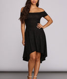 Total Twirl Black Glitter Off the Shoulder Skater Dress styled with Neutral Heels 