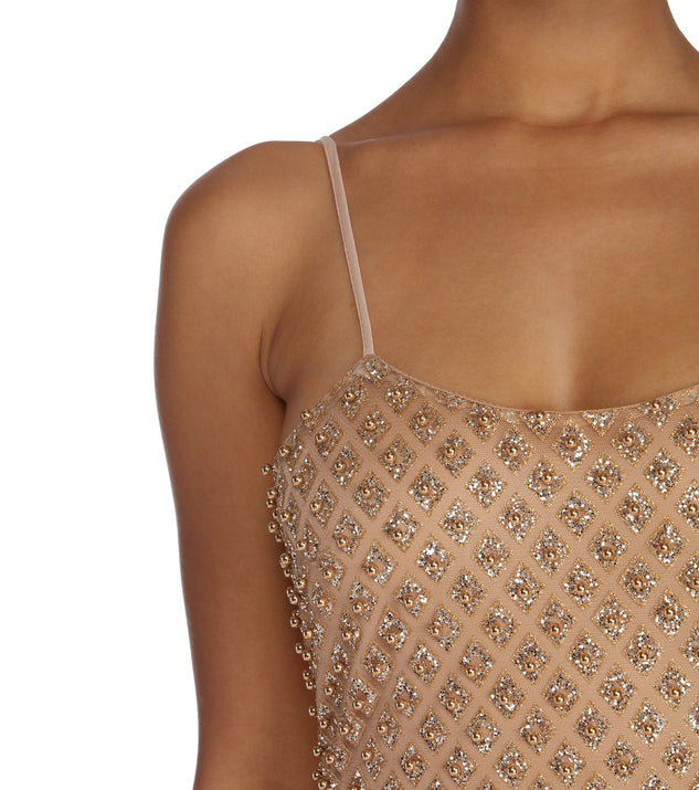 Rose Gold Strappy Sequin Straight Neck Bodysuit