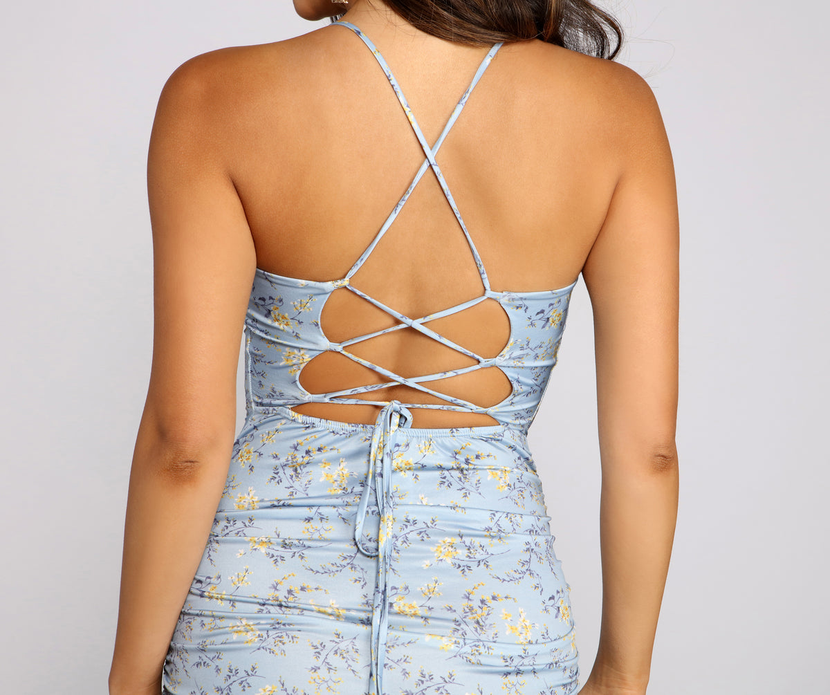 Sprung On You Floral Lace-Up Mini Dress