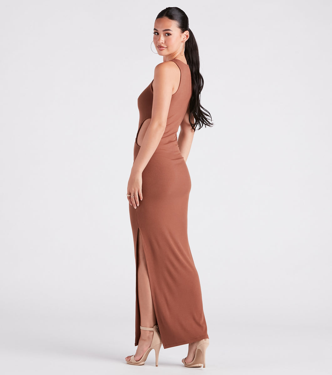 24seven Comfort Apparel Women's Faux Wrap Side Slit Maxi Dress