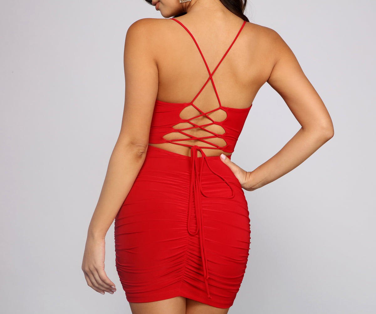 Ruched to The Max Lace Up Mini Dress