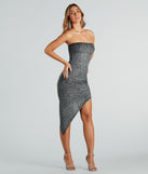 Sparkly Spectacle Glitter Strapless Midi Dress creates fall wedding guest dress with stylish details, the perfect midi dress for graduation, or for a cocktail party look in the latest midi-length trends for 2024!