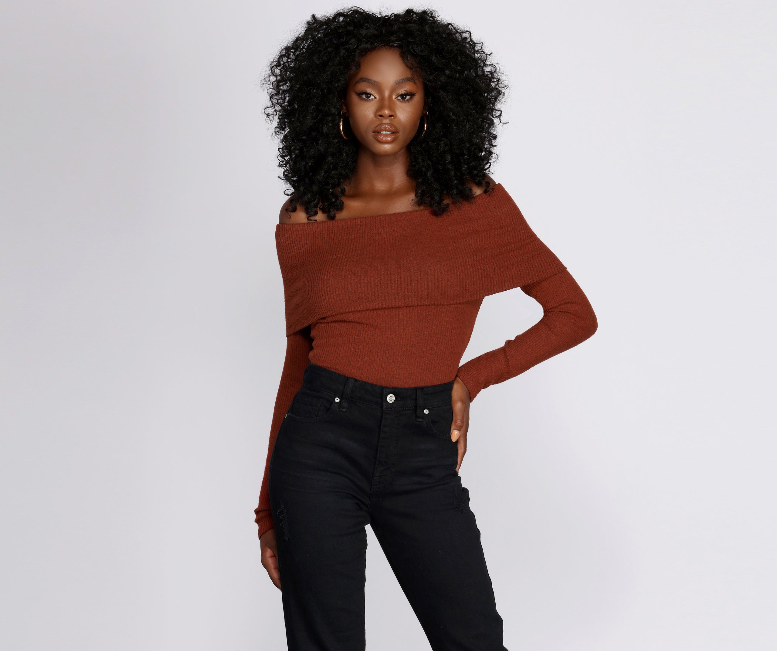 Off Shoulder Ribbed Sweater Windsor