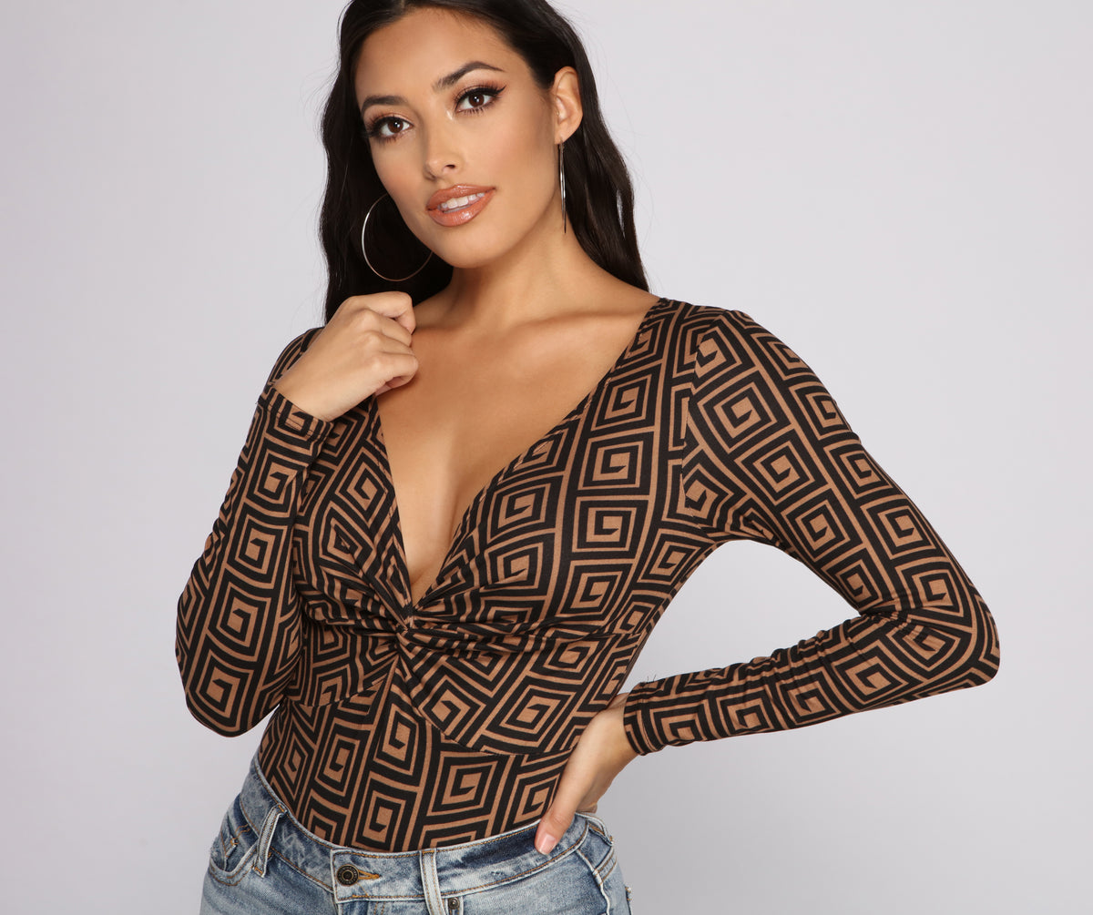 Greek Key Print Brushed Knit Bodysuit