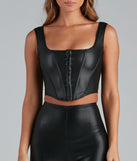 Cute Corset Faux Leather Crop Top helps create the best bachelorette party outfit or the bride's sultry bachelorette dress for a look that slays!