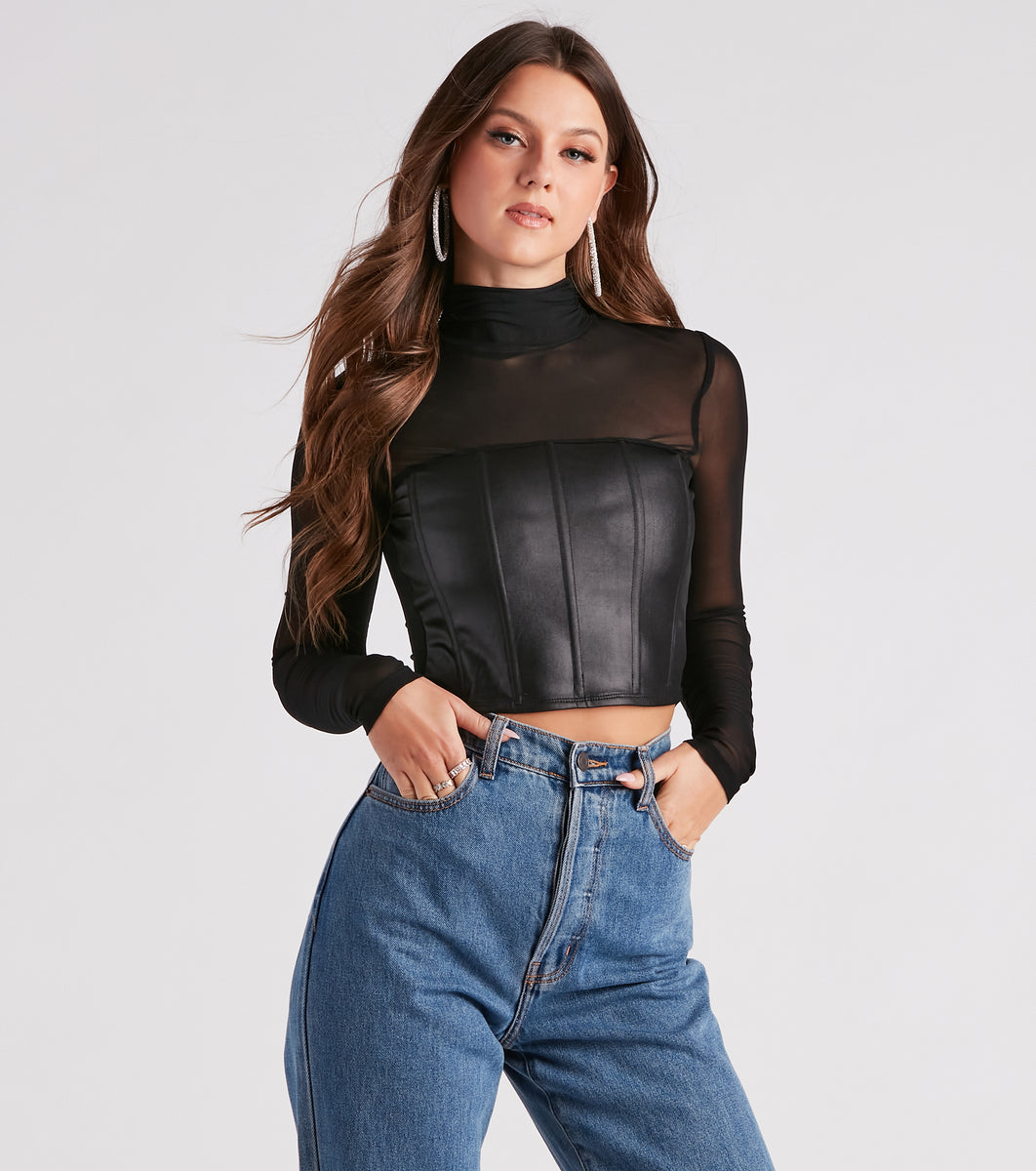 Bebe Women's Long Sleeve Mesh Top with Faux Leather Bustier - Macy's