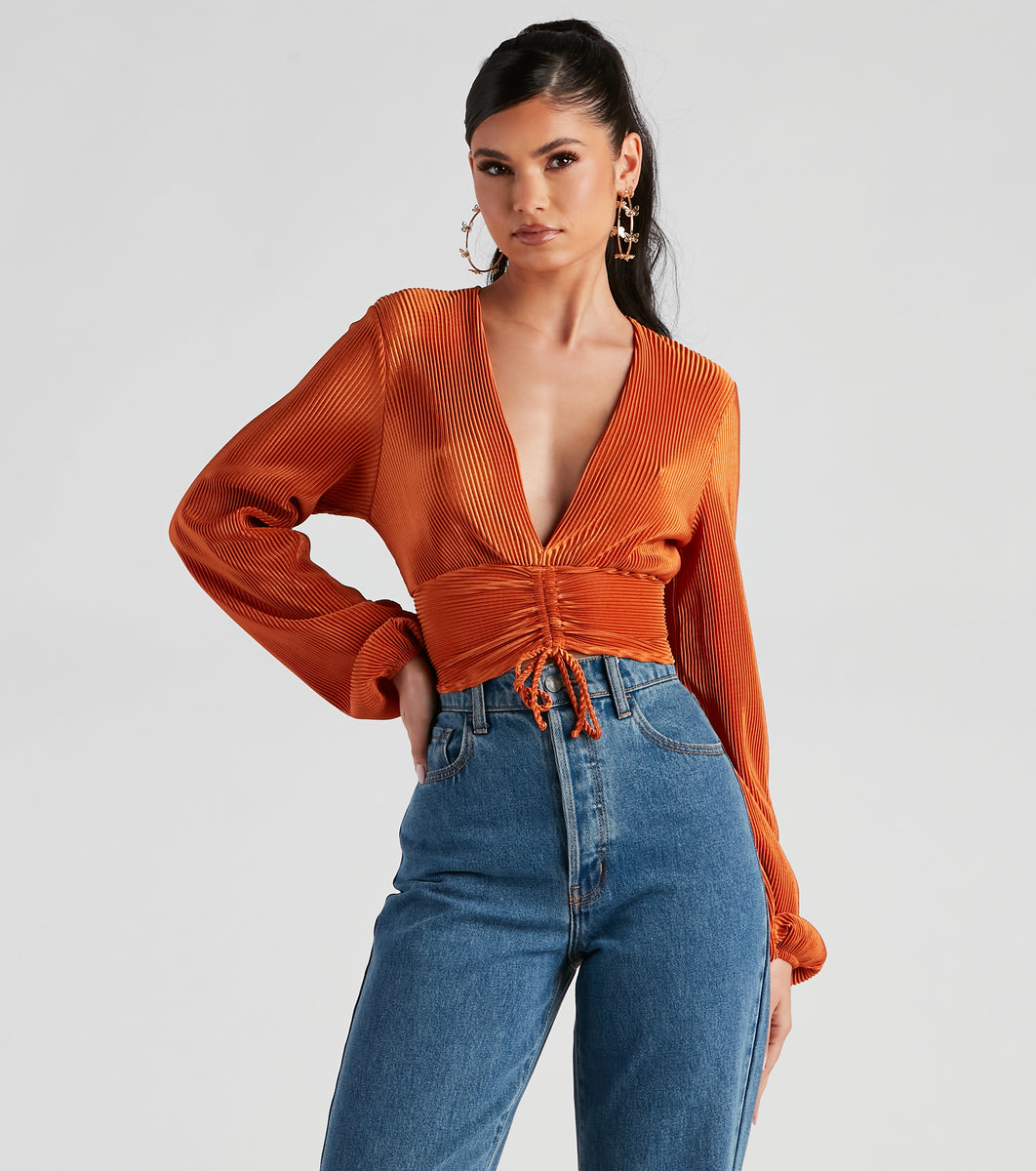 Posh And Pleated Long Sleeve Crop Top