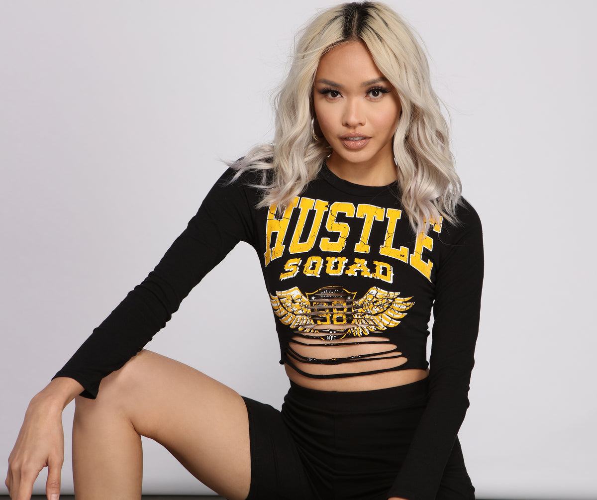 Hustle Squad Long Sleeve Cropped Graphic Top