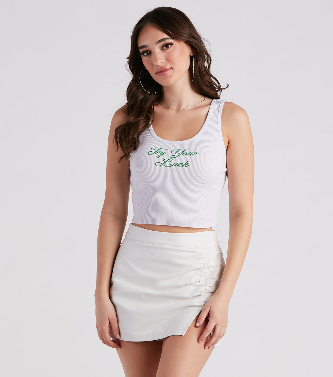 Forever 21 Women's Good Luck Graphic Drawstring Tank Top in Cream 