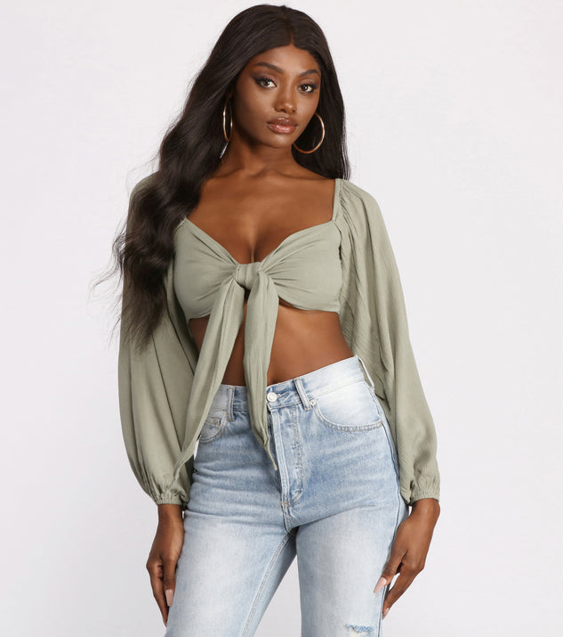 Crop Tops for Women Long Sleeve Plunging Neckline Tie Front Crop Top :  : Clothing, Shoes & Accessories