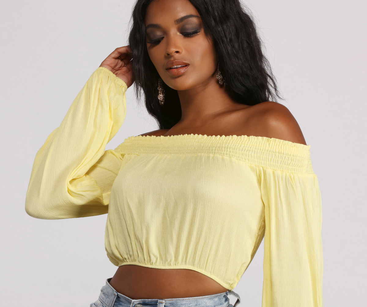 Windsor Off The Shoulder Long Sleeve Gauze Crop Top | CoolSprings