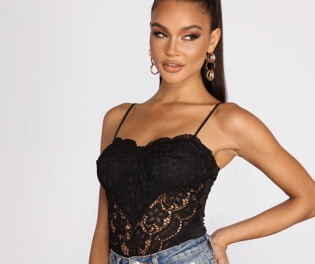 Forever 21, Tops, Lace Bustier Cami Bodysuit In Black