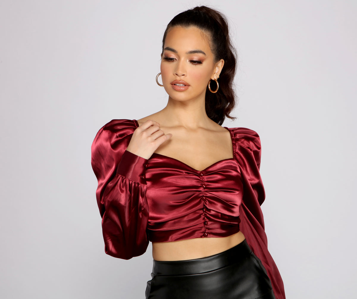 Falling For You Puff Sleeve Satin Crop Top