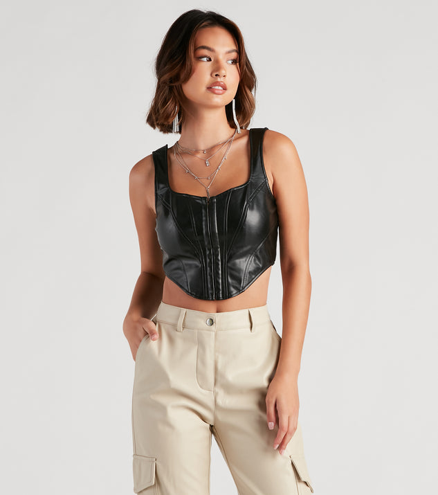 Fae leather look coated corset top in black