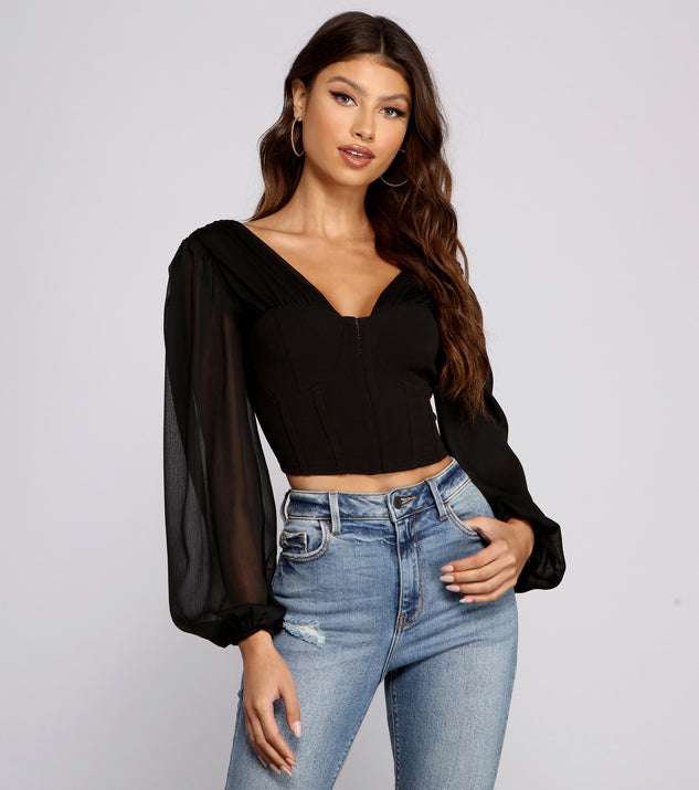 SLAY. Women's Black Full Sleeves Crop Top with Back Wrap