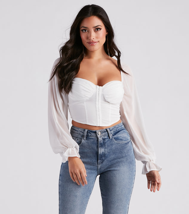 With fun and flirty details, Breezy Chiffon Cropped Corset Blouse shows off your unique style for a trendy outfit for the summer season!