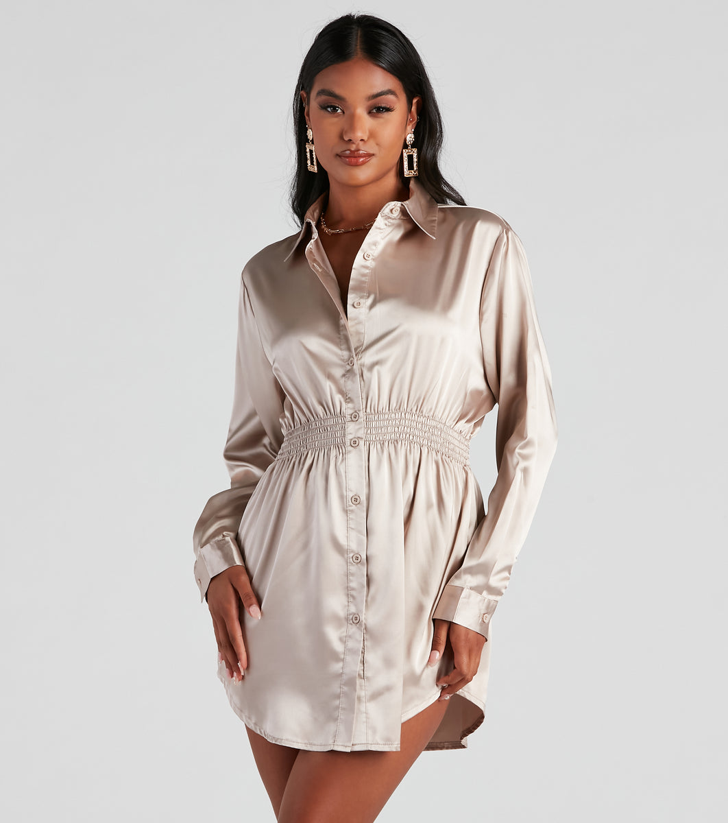 Fall Nights Satin Button-Up Short Dress