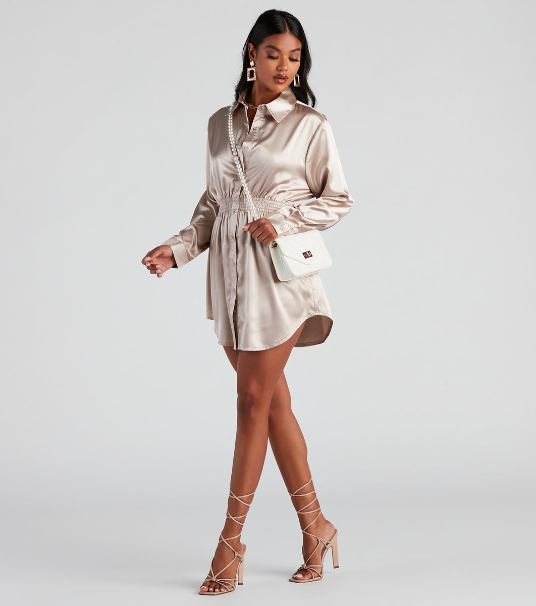 Fall Nights Satin Button-Up Short Dress