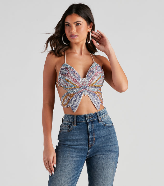  Sequin Butterfly Crop Top for Women Sexy Sparkly