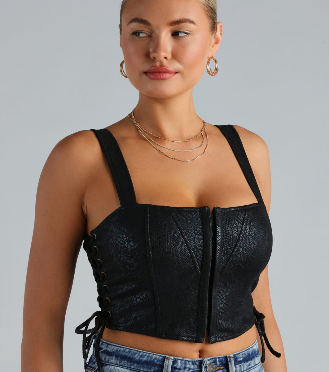 Windsor Sultry Snake Print Faux Leather Bustier Top