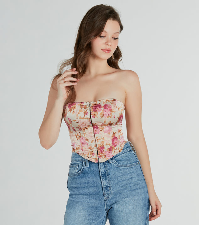 Floral Printed Satin Pink Floral Corset Top With Lace Up And