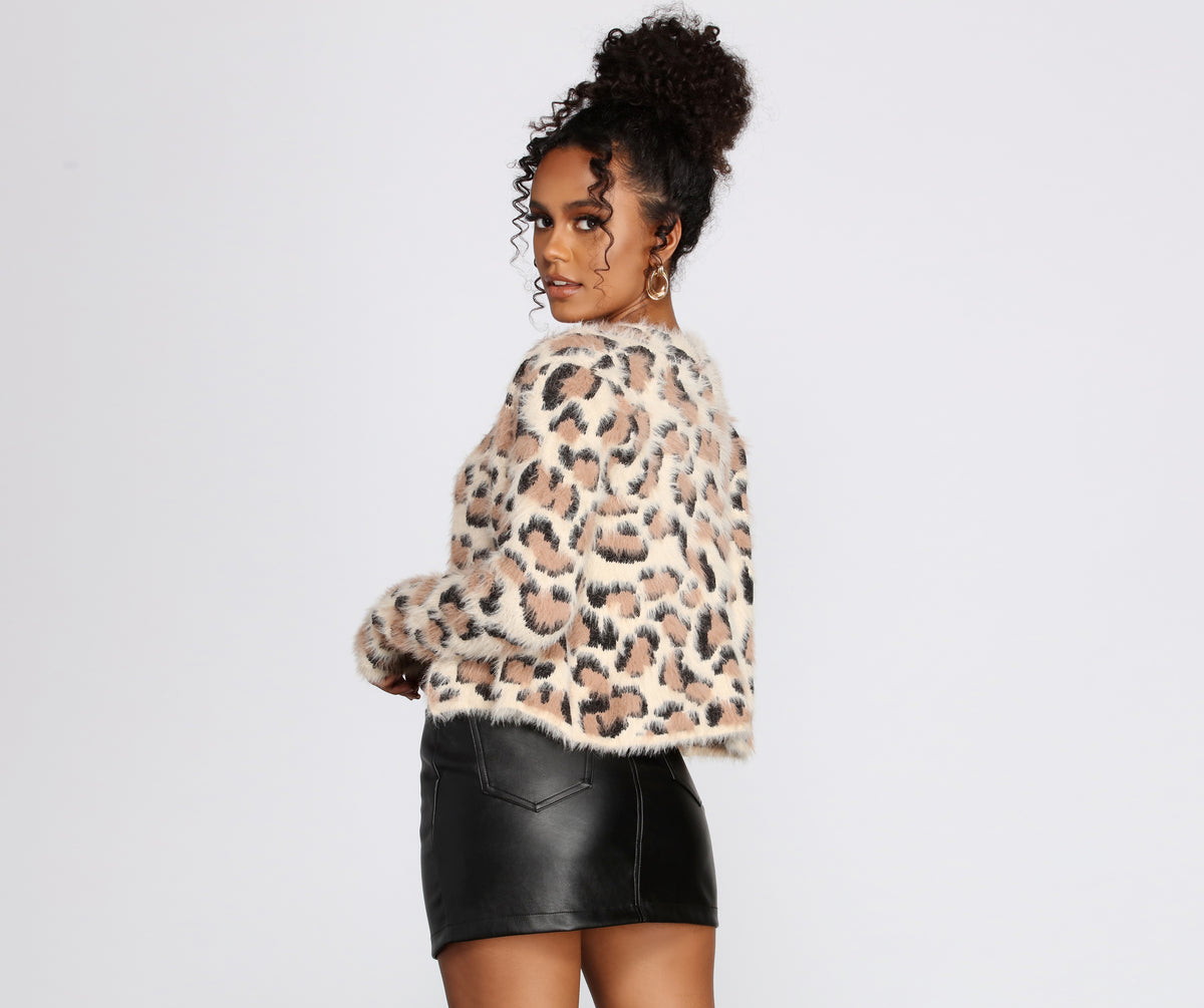 Leopard Print Eyelash Knit Cardigan