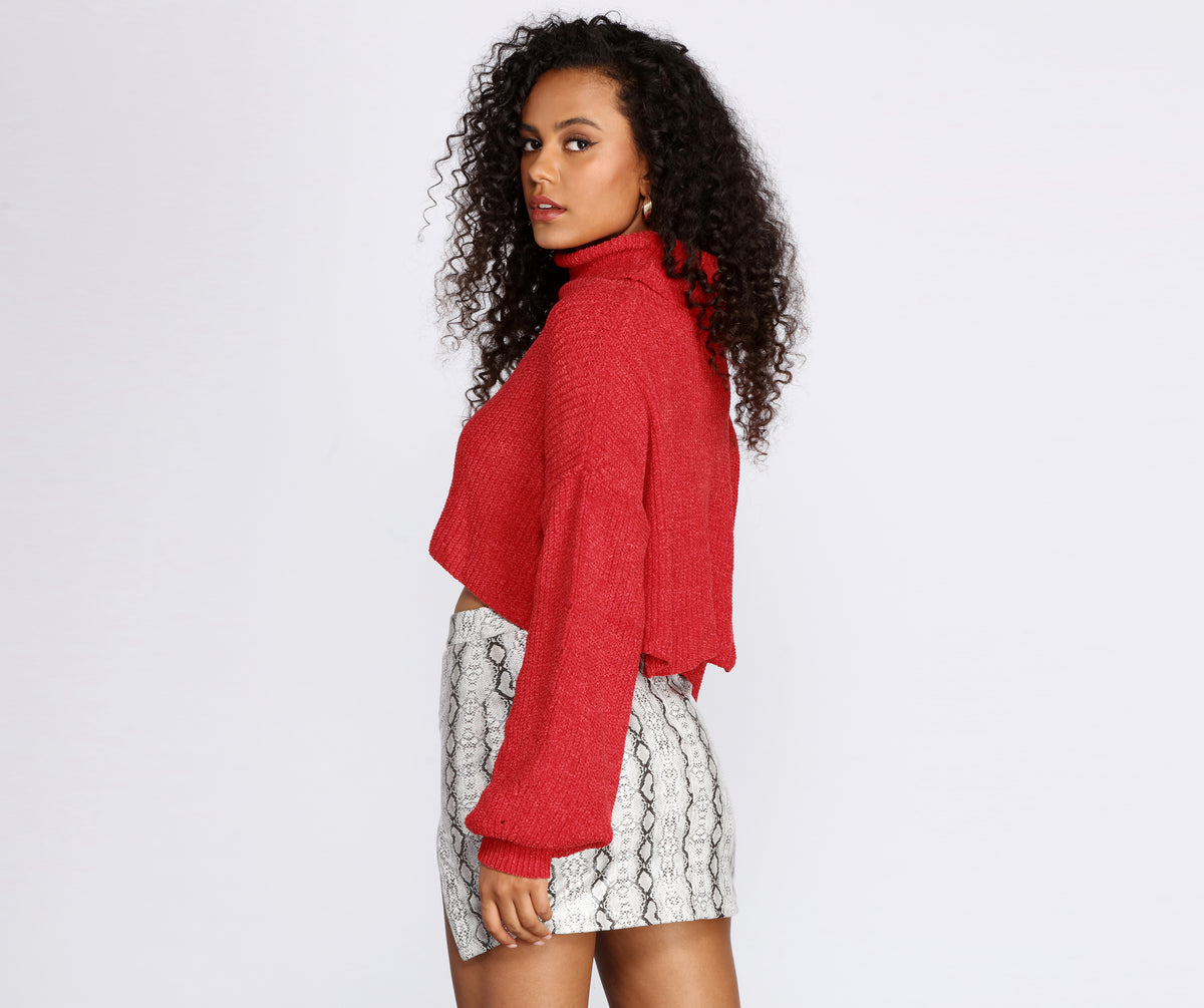 Cropped Chenille Turtleneck Sweater