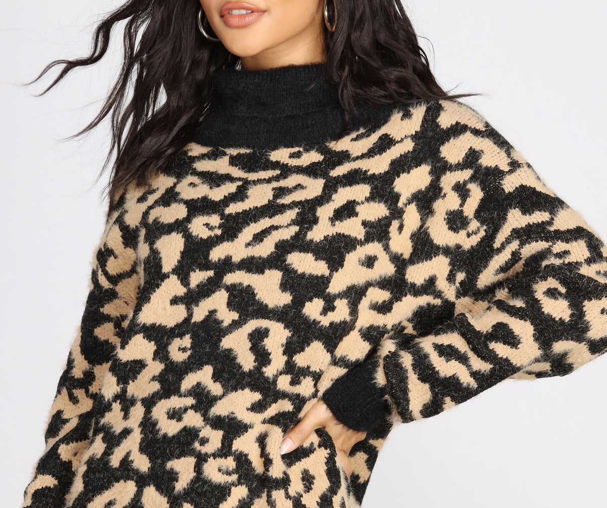 Angora Knit Leopard Print Sweater Dress