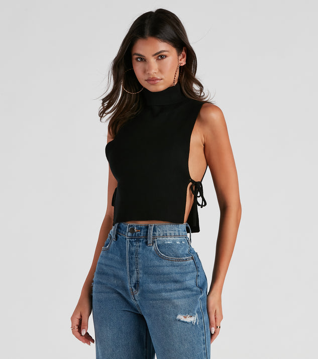 Check styling ideas for「Mock Neck Sleeveless Cropped Sweater」