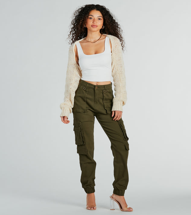 Trendy Plus Size Outfit: Crochet Bolero, Tube Top, Cargo Pants